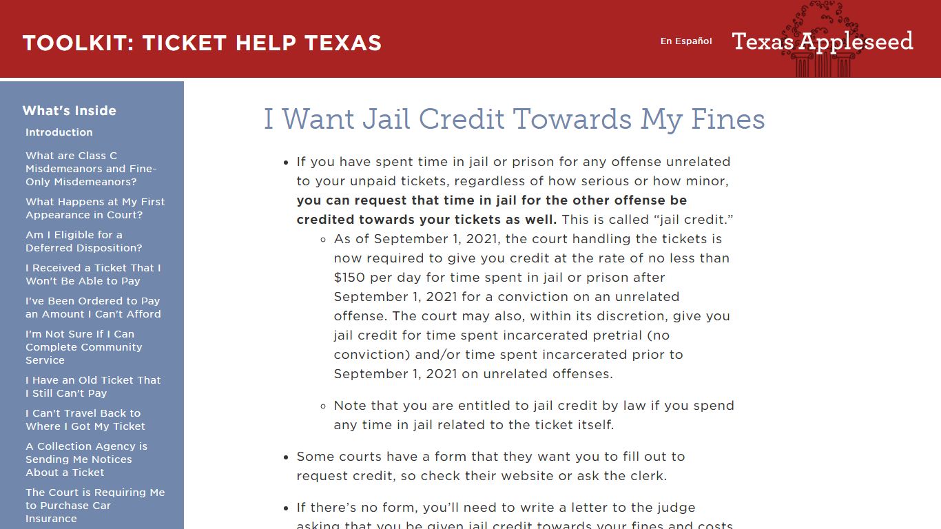 I Want Jail Credit Towards My Fines | Toolkit: Ticket Help Texas