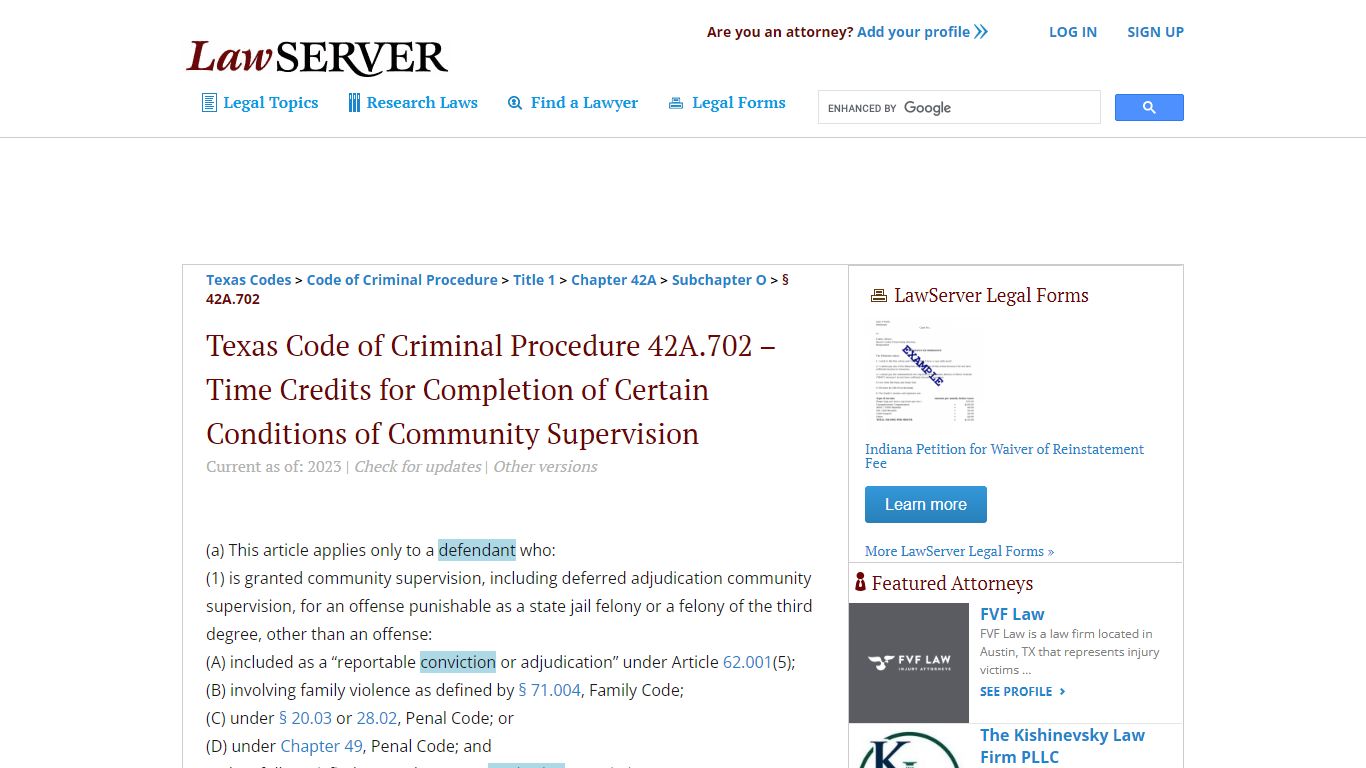 Texas Code of Criminal Procedure 42A.702 – Time Credits ... - LawServer